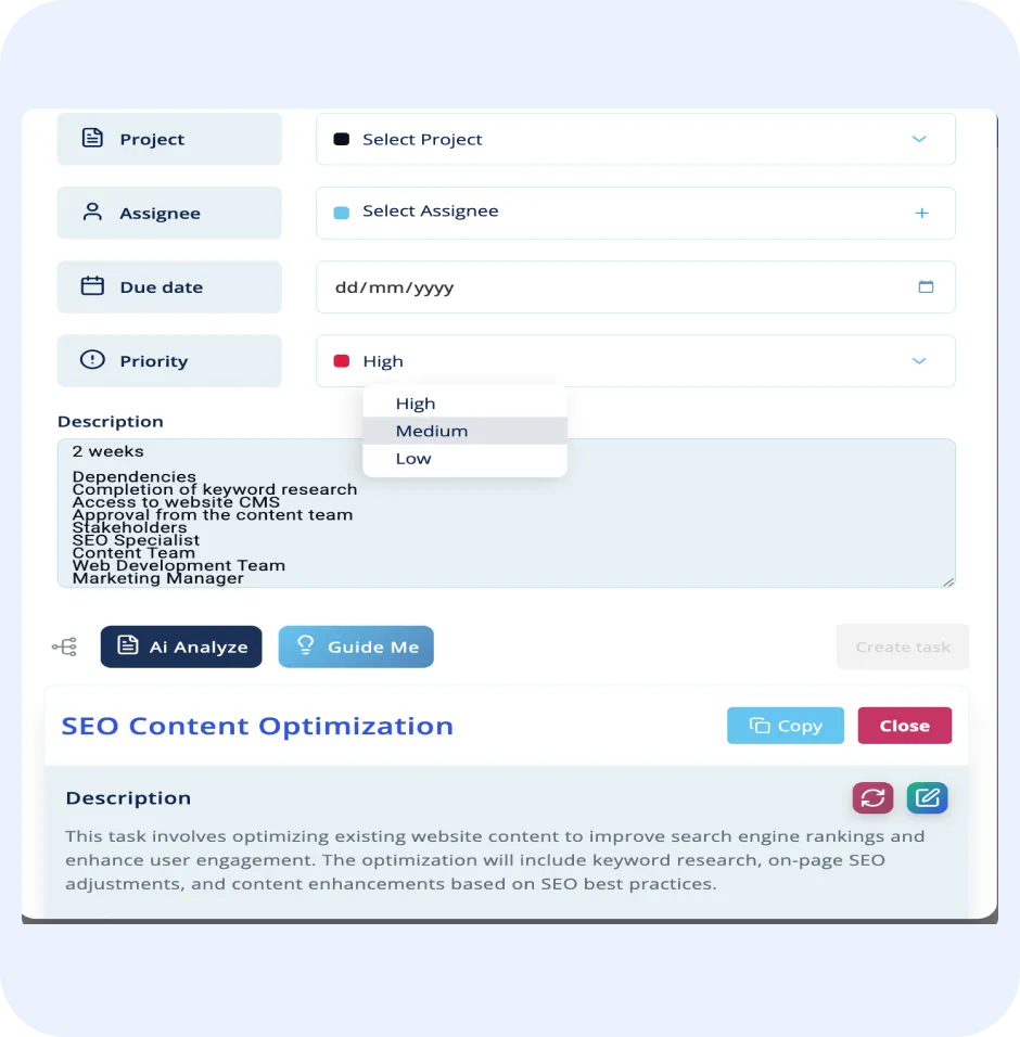 Task management interface displaying project details, assignee selection, due date input, priority dropdown, and task description for SEO content optimization in ORO AI's Task Manager.